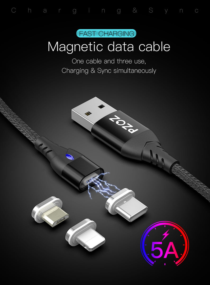 Pzoz – Câble Micro Usb/type-c 5a Magnétique Pour Recharge Rapide